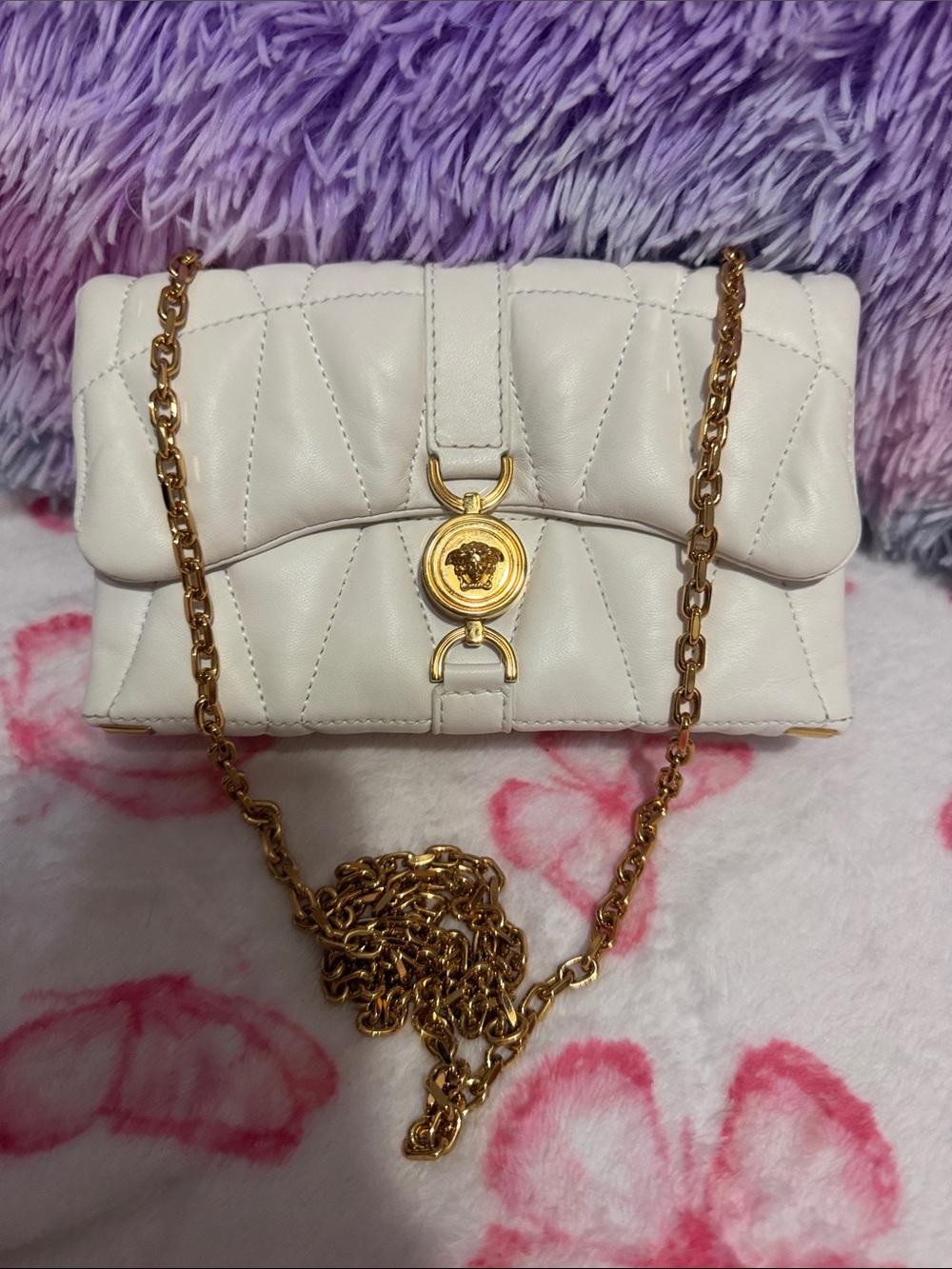 Versace White Quilted Crossbody Bag with Gold Chain